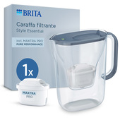 Brita Caraffa filtrante acqua Style Essential Stone Blue (2.4L) incl. 1 x filtro MAXTRA PRO PURE PERFORMANCE che riduce cloro, calcare, PFAS e metalli - Adatta alla porta del frigorifero, con indicatore LED