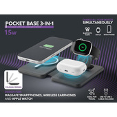 Tech Pop POCKET BASE 3in1 POCKET BASE 3in1 è la base di ricarica wireless compatta e portatile che consente di caricare contemporaneamente smartphone, auricolari e Apple Watch. Il design pieghevole con finitura soft-touch la rende ideale per il viaggio. Niente più cavi o adattatori.