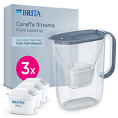 Brita Caraffa filtrante acqua Style Essential Stone Blue (2.4L) incl. 3x filtro MAXTRA PRO PURE PERFORMANCE che riduce cloro, calcare, PFAS e metalli - Adatta alla porta del frigorifero, con indicatore LED