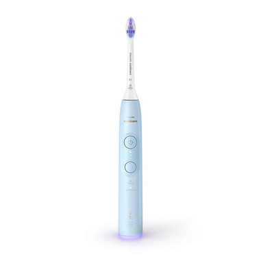 Philips 6100 Series Sonicare spazzolino elettrico sonico con base di ricarica e custodia, 3 livelli intensità, sensore di pressione colore azzurro HX7406/02