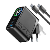 Cellularline PowerView IQ Kit ACH 67W Caricabatterie da rete kit 67W con smart display TFT, spina pieghevole e tecnologia GaN+. Include cavo USB-C da 150 cm per una ricarica completa e immediata.