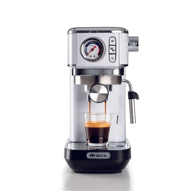 Ariete 1381 Macchina da caffè con manometro, compatibile con caffè in polvere e cialde ESE, 1300 W, Capacità 1,1 L, 15 bar di pressione, Filtro ½ tazze, Dispositivo Cappuccino, Bianco