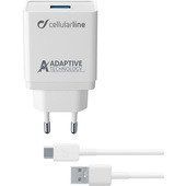 Cellularline USB Charger Kit Ultra - USB-C - Tablets and Smartphones Caricabatterie da rete adattivo 15W con cavo USB-C