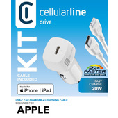 Cellularline USB-C Car Charger Kit 20W - USB-C to Lightning - iPhone 8 or later Caricabatterie da auto USB-C 20W per la carica alla massima velocità di iPhone 8 e successivi con cavo USB-C to Lightning