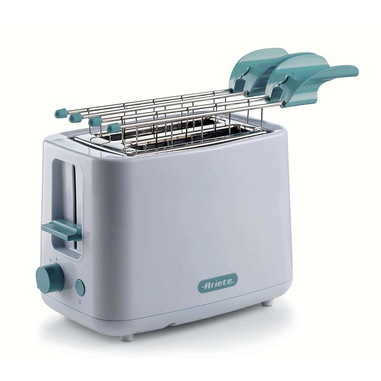 Ariete 157 Tostapane Breakfast, 760W, Capacità 2 fette di pane, Pinze in acciaio inox, 7 livelli di doratura, Pulsante stop, Tocco freddo, White & Aegean Teal