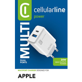 Cellularline Dual Charger - iPhone 8 or later Caricabatterie da rete con 2 porte USB e USB-C per la carica simultanea di due dispositivi Apple