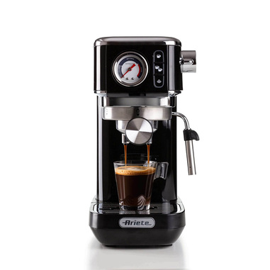 Ariete 1381 Macchina da caffè con manometro, compatibile con caffè in polvere e cialde ESE, 1300 W, Capacità 1,1 L, 15 bar di pressione, Filtro ½ tazze, Dispositivo Cappuccino, Nero